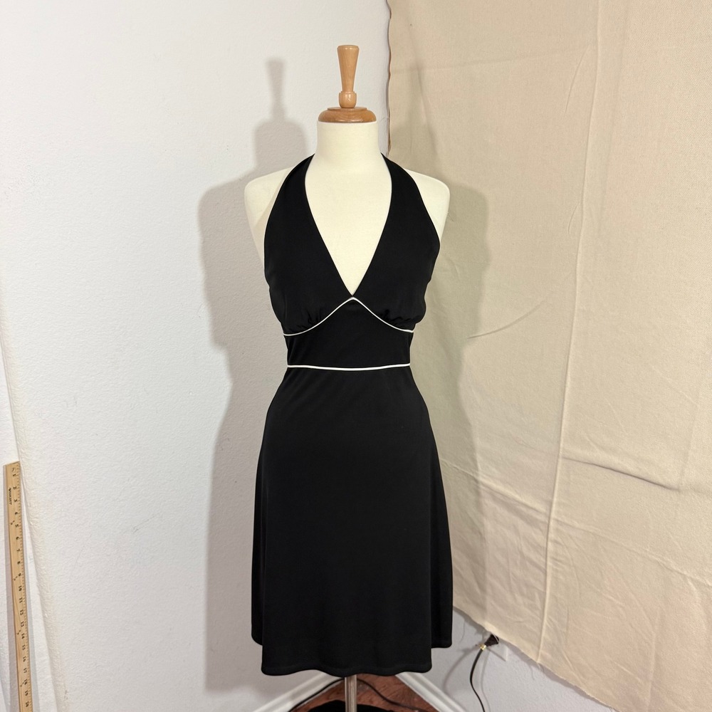 White House Black Market Black Halter Dress White Piping PMJ8682L Small